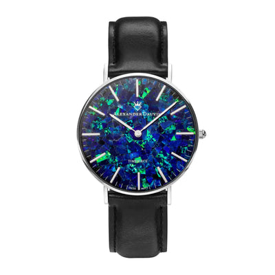 Classic Pedy Blue Swiss Opal Watch 36MM with Black Leather Strap