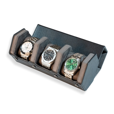 Hex Leather Watch Roll 3 Slots in Black/Charcoal