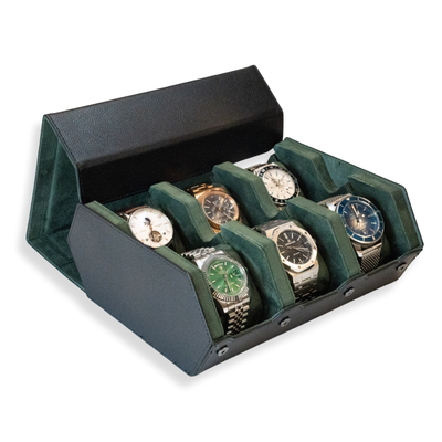 Hex Leather Watch Roll 6 Slots in Black/Green