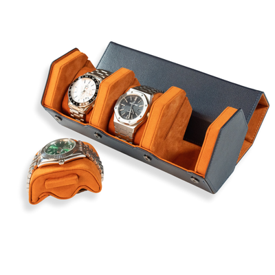 Hex Leather Watch Roll 3 Slots in Navy/Orange