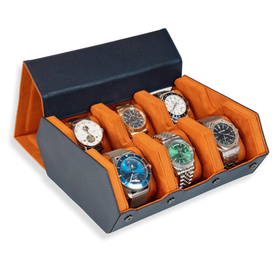 Hex Leather Watch Roll 6 Slots in Navy/Orange