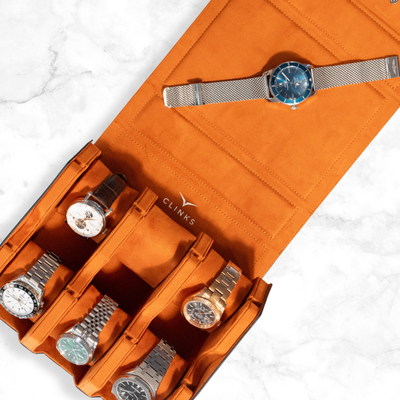 Hex Leather Watch Roll 6 Slots in Navy/Orange