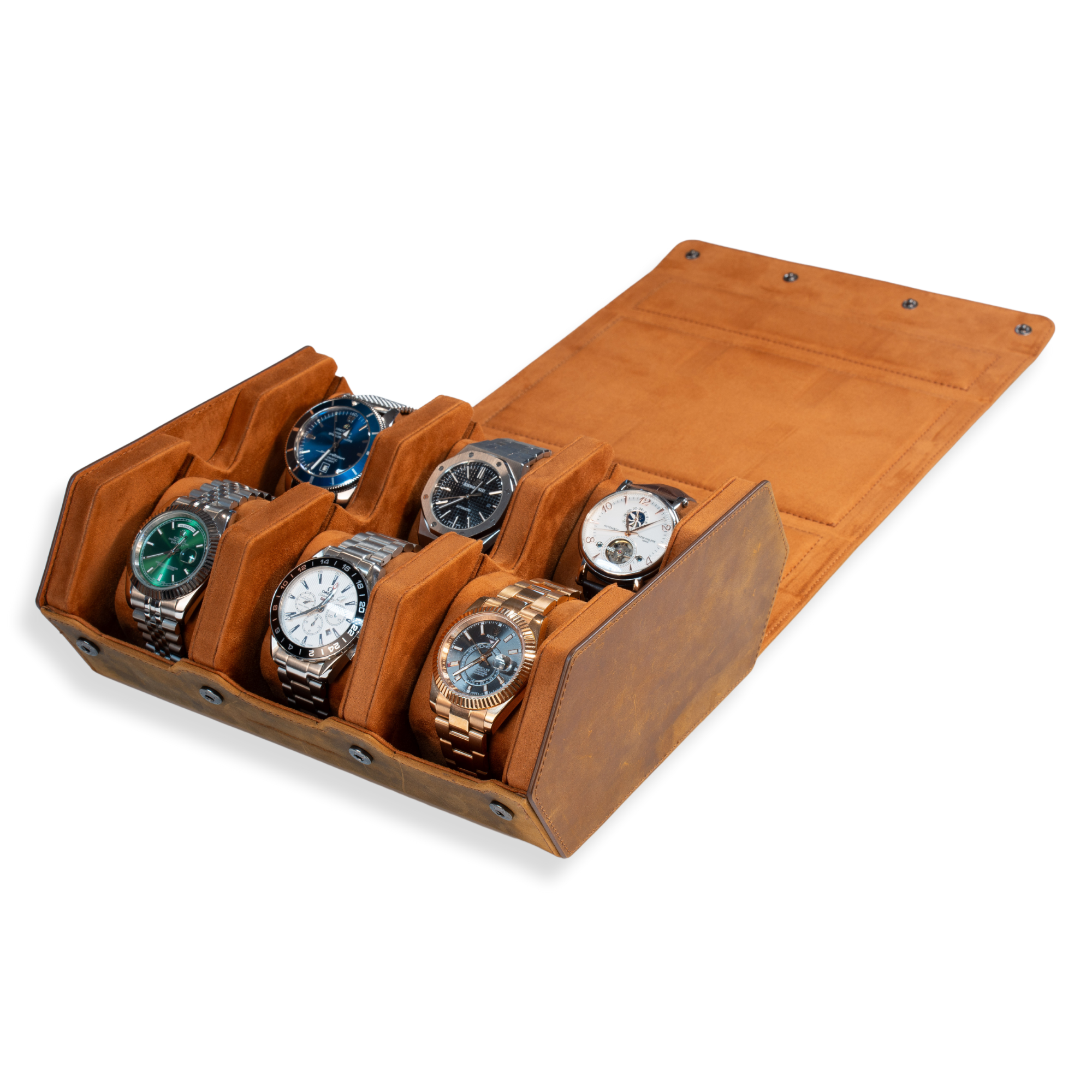 Hex Leather Watch Roll 6 Slots in Saddle Leather/Brown