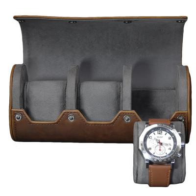 Watch Roll Case for 3 in Brown Vegan Leather