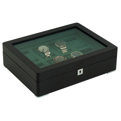 8 Slot Black Wooden Watch Box with Green Interior