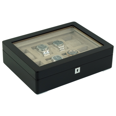 8 Slot Black Wooden Watch Box with Cream Interior