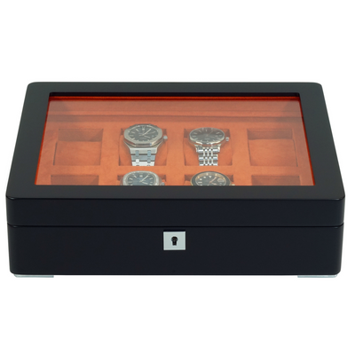 8 Slot Black Wooden Watch Box with Orange Interior