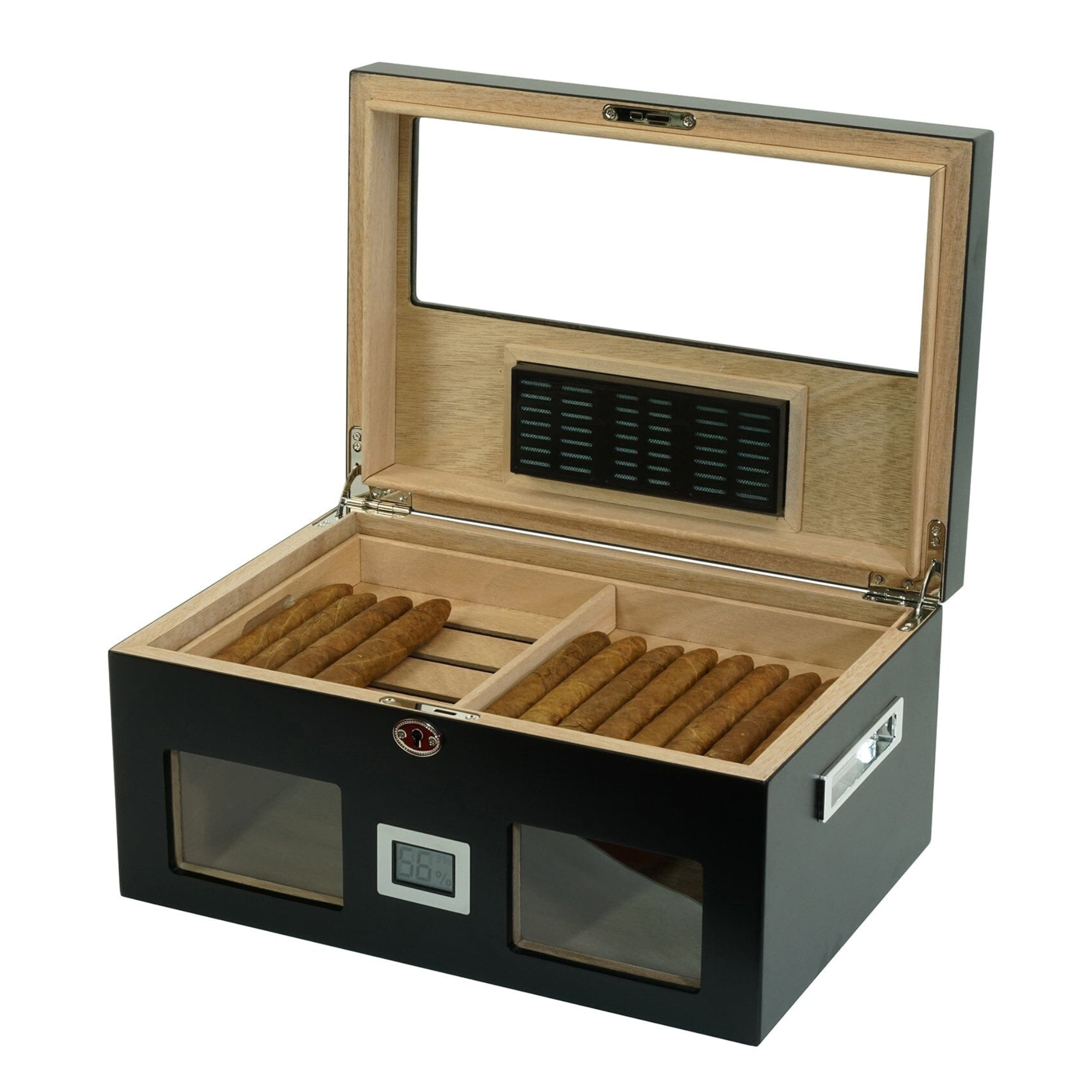 100 CT Black Wooden Cigar Humidor Box with Digital Hygrometer