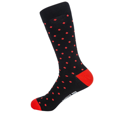 Spotted Red Dot Black Bamboo Socks by Dapper Roo, Spotted Red Dot Black Socks, Dapper Roo, Socks, Black, Red, Bamboo, Elastane, Nylon, Elastic, SK2045, Men's Socks, Socks for Men, Clinks.com